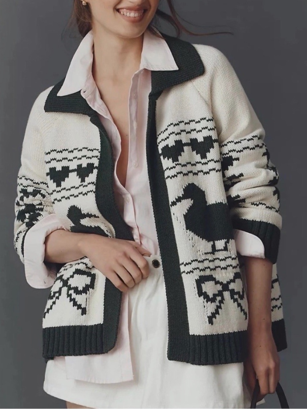 Anthropologie Cream and Black Patterned Cardigan